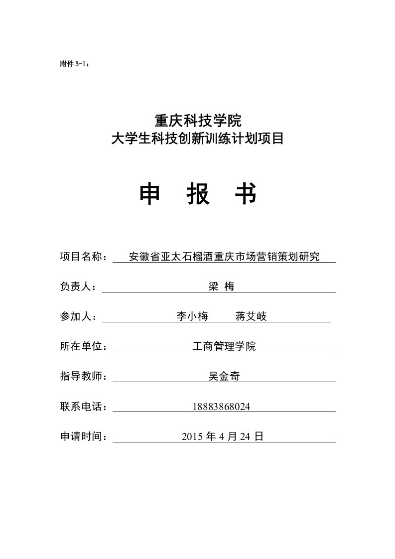 安徽省亚太石榴酒重庆市场营销策划研究项目申报书