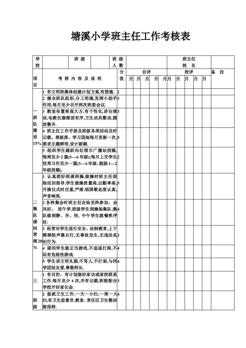 塘溪小学班主任工作考核表