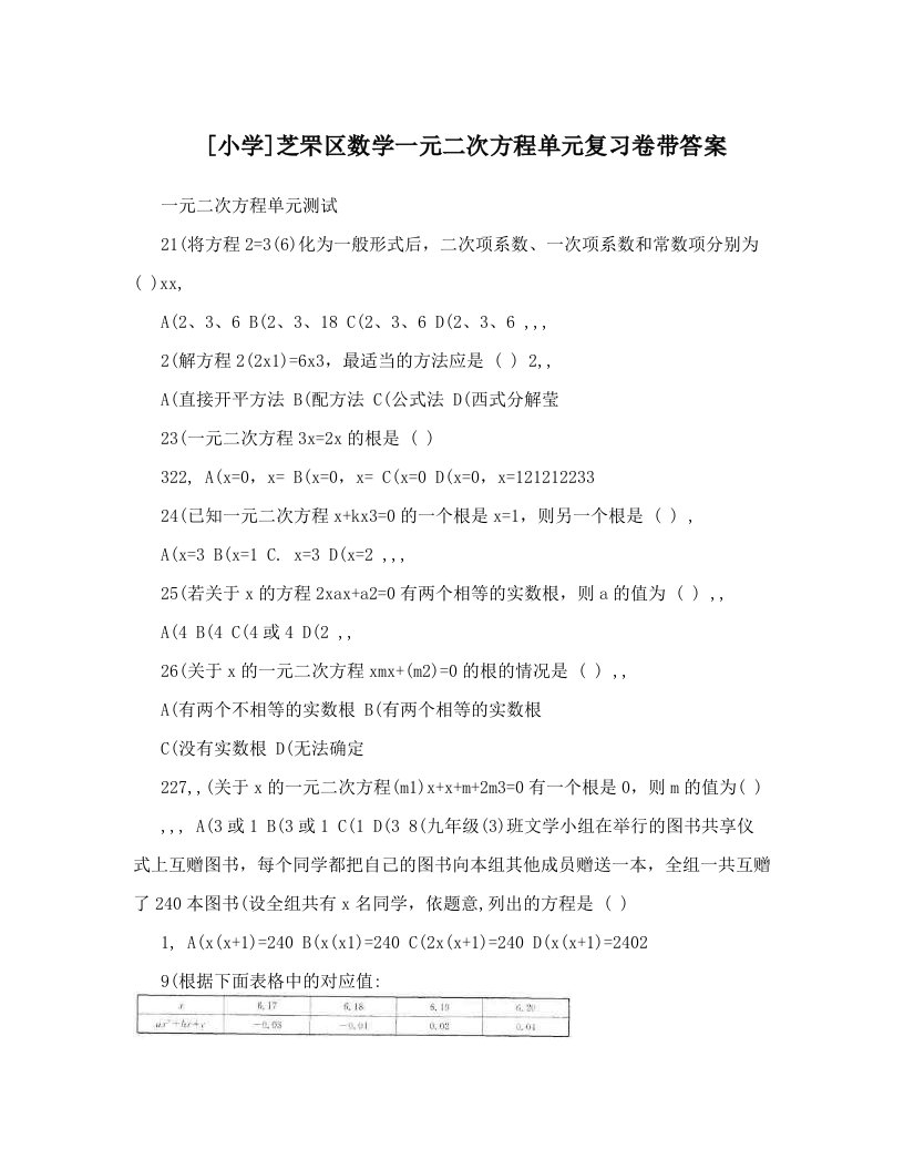 [小学]芝罘区数学一元二次方程单元复习卷带答案