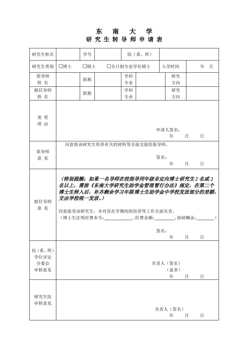 东南大学研究生转导师申请表