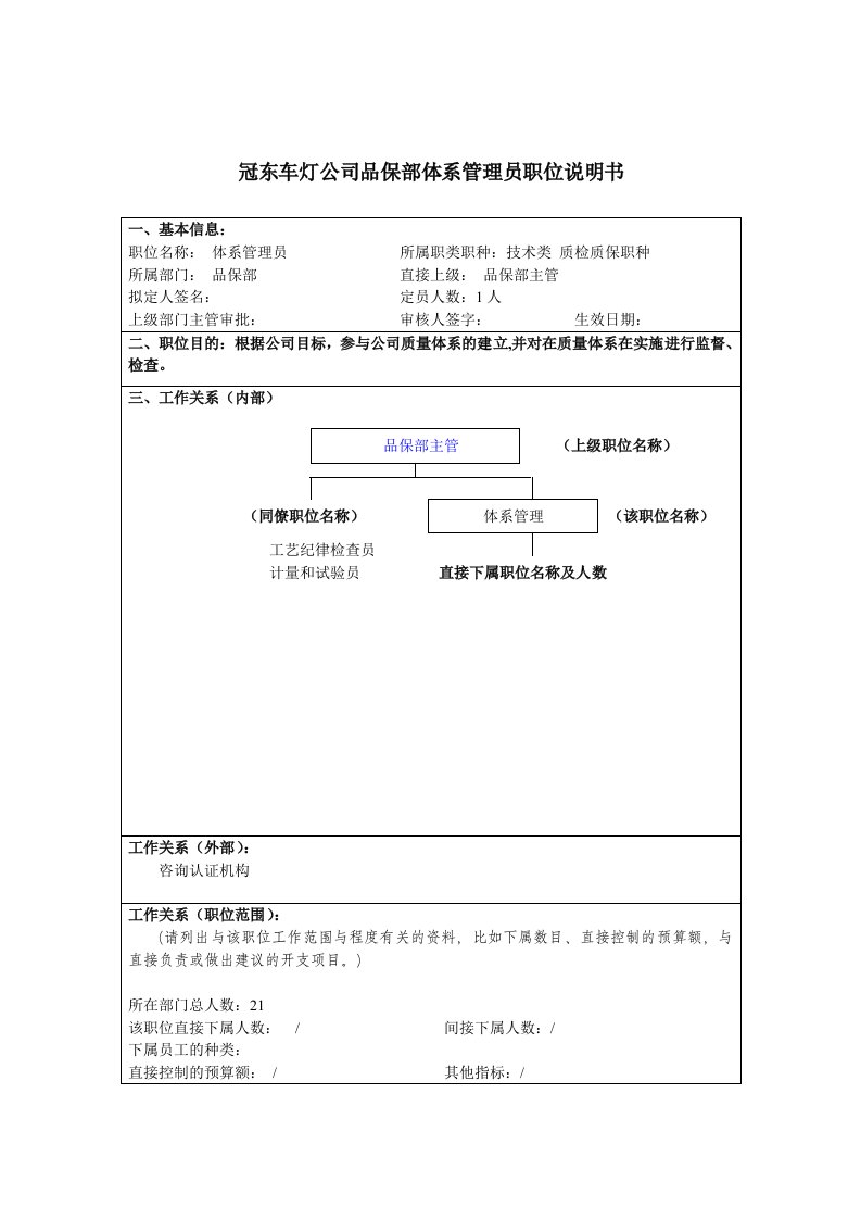 冠东车灯公司品保部体系管理员职位说明书