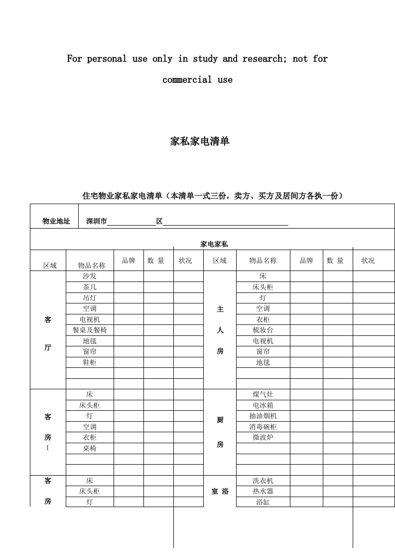 家私家电清单