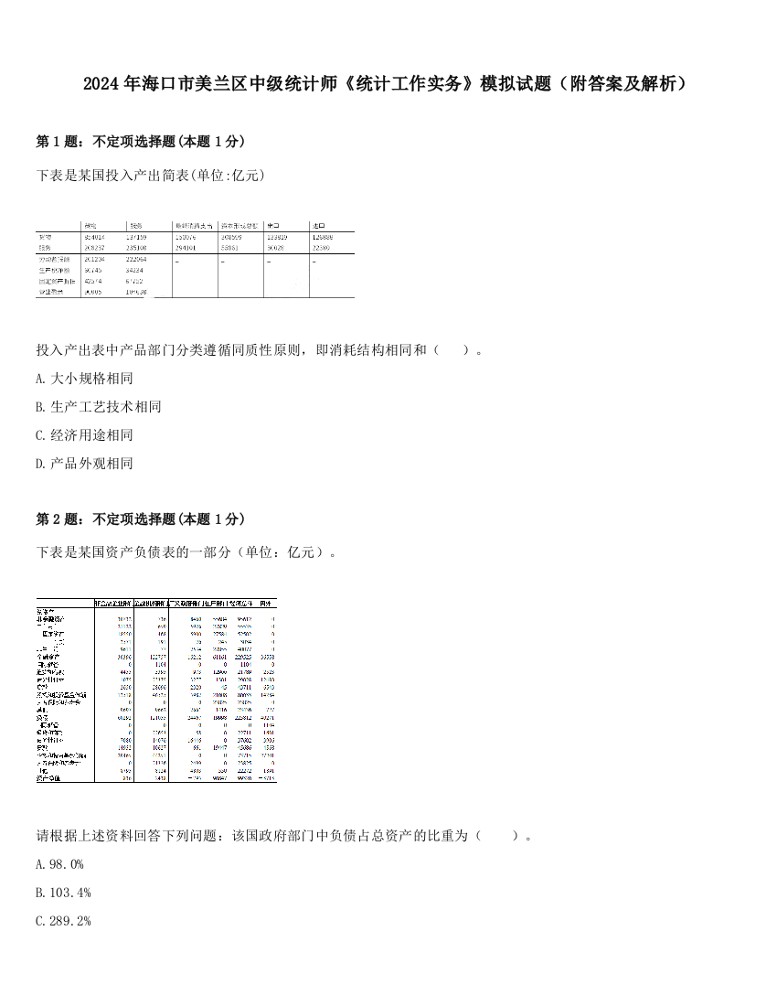 2024年海口市美兰区中级统计师《统计工作实务》模拟试题（附答案及解析）