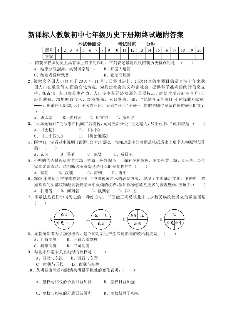 初中七年级历史下册期终试题附答案