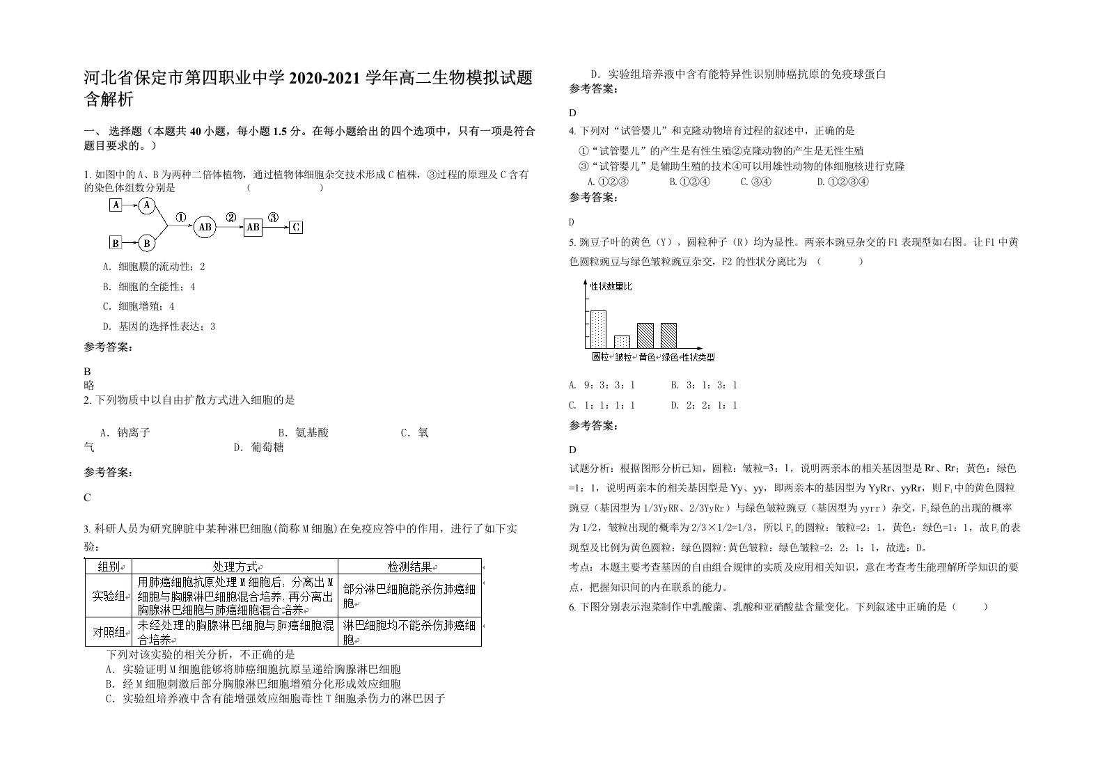 河北省保定市第四职业中学2020-2021学年高二生物模拟试题含解析