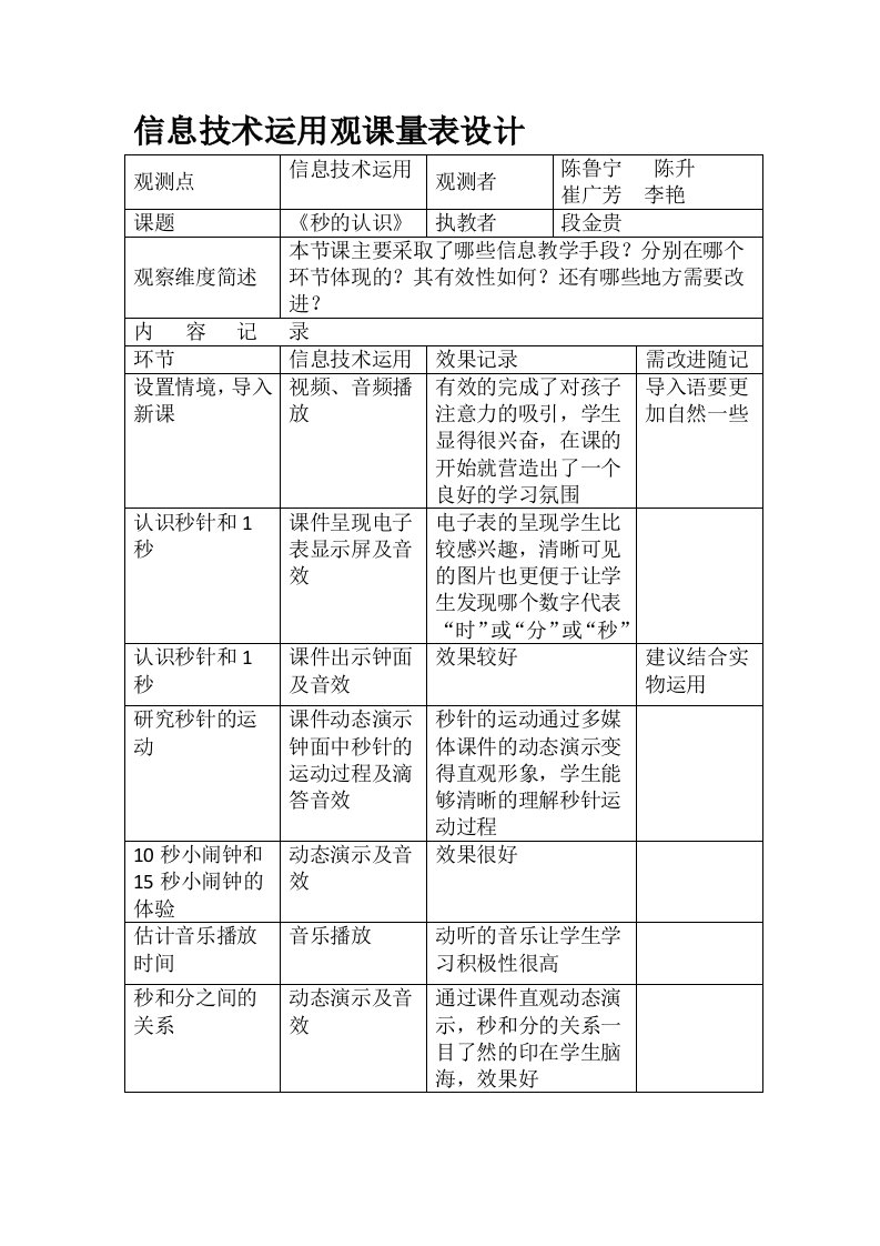 小学数学三年级上册《秒的认识》观课量表及观课报告