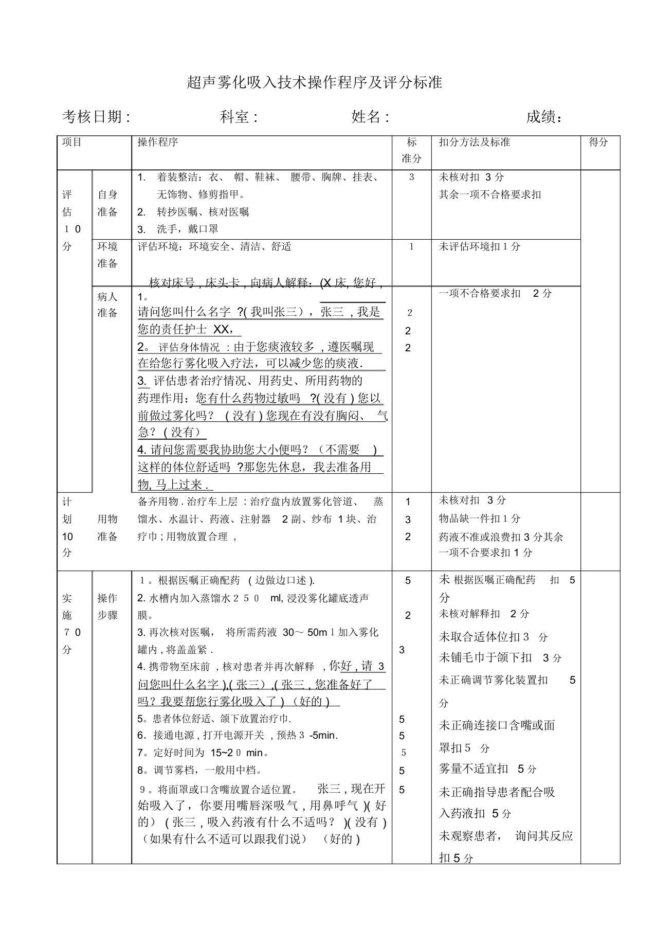 超声雾化吸入技术操作考核评分标准