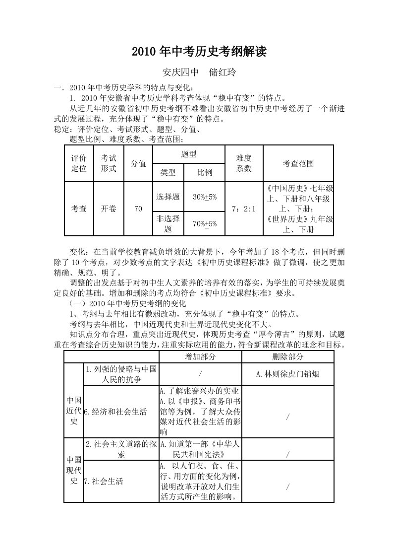 2010年中考历史考纲解读储红玲