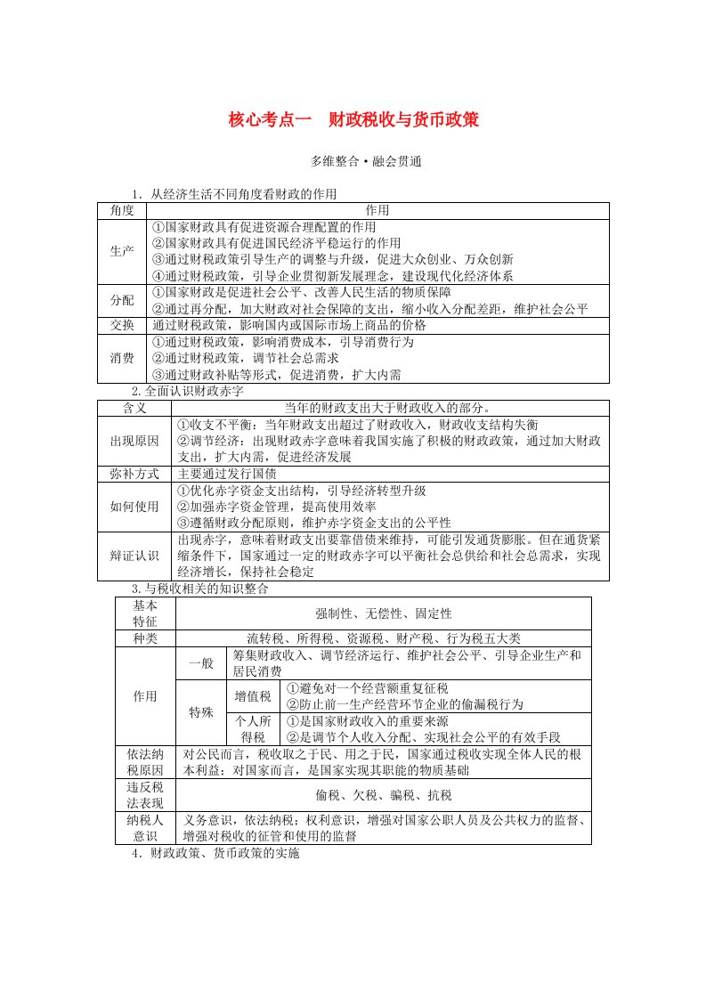 统考版2024高考政治二轮专题复习第一篇专题突破专题四宏观经济政策核心考点一财政税收与货币政策教师用书