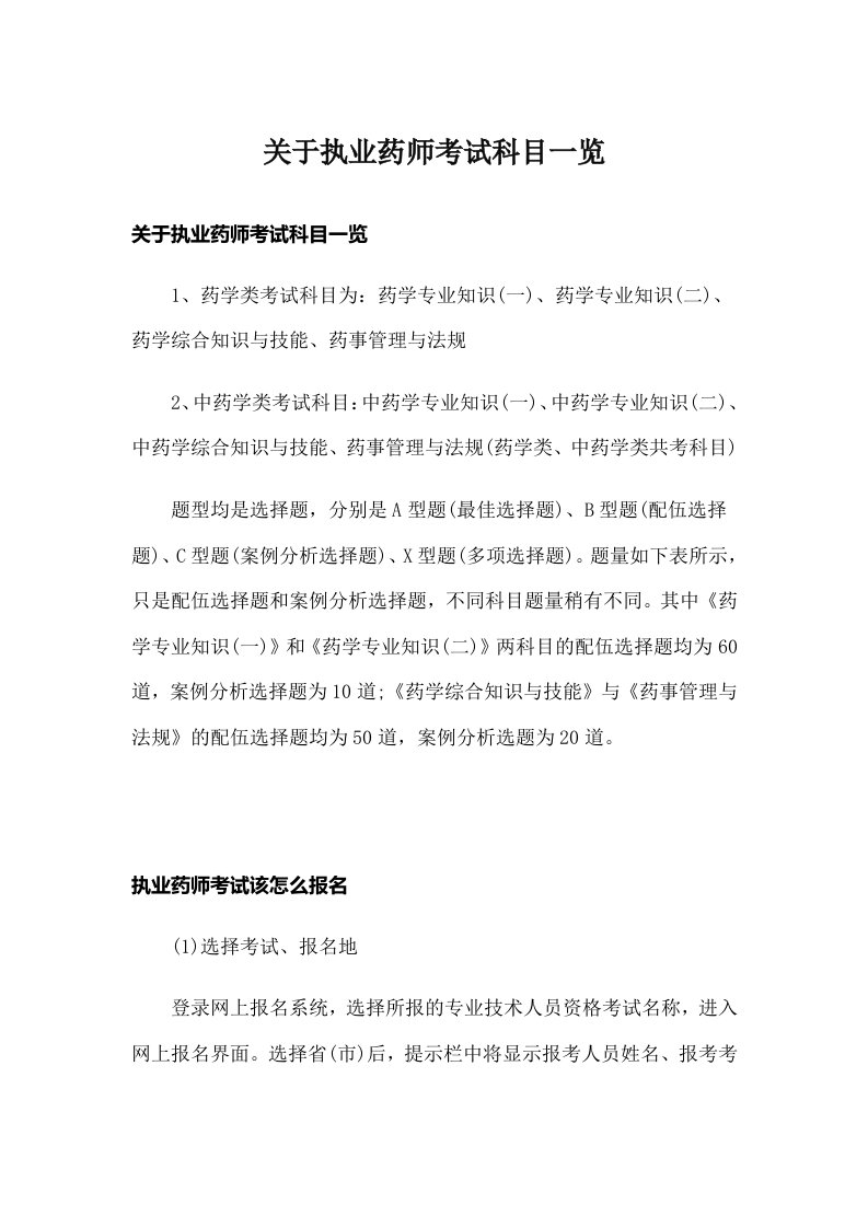 关于执业药师考试科目一览