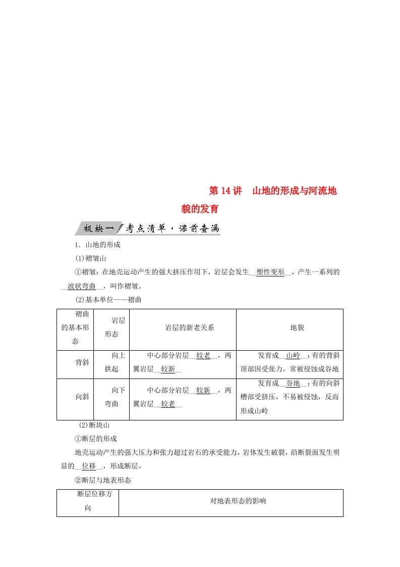 全国通用版高考地理大一轮复习第四章地表形态的塑造第14讲山地的形成与河流地貌的发育优选学案