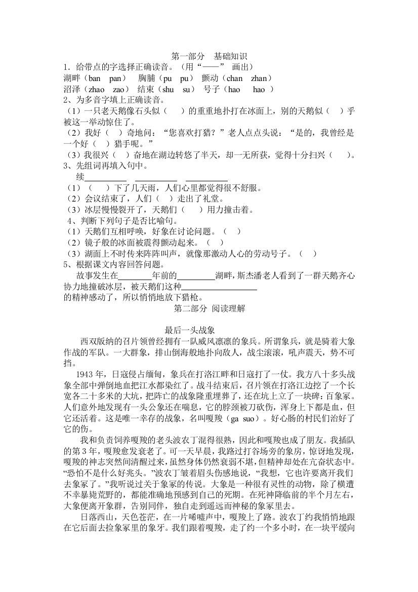 【小学中学教育精选】16天鹅的故事练习题