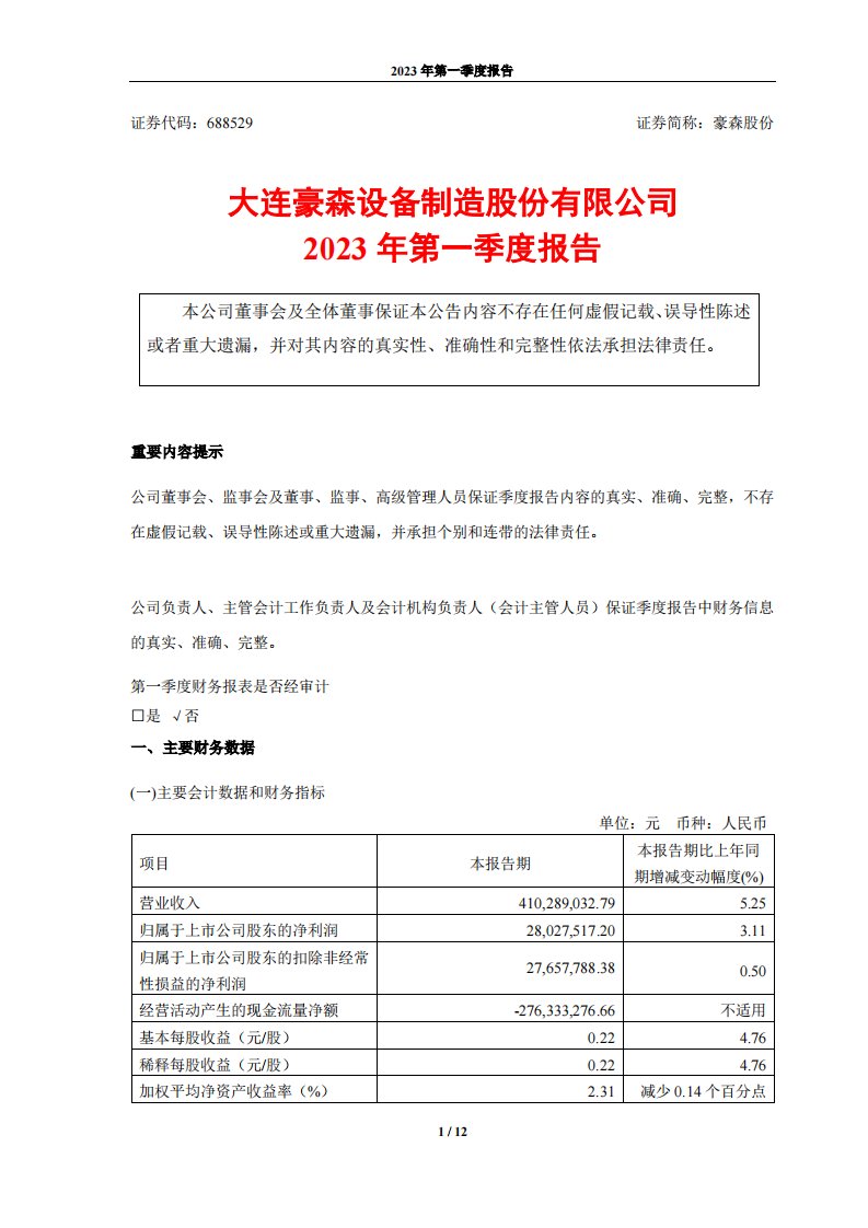 上交所-豪森股份2023年第一季度报告-20230425