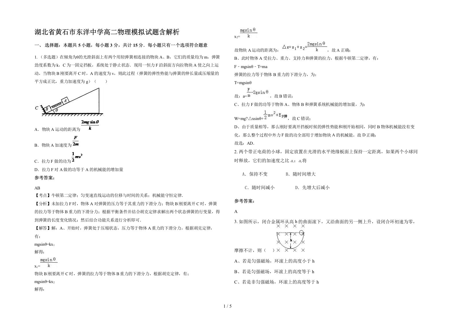 湖北省黄石市东洋中学高二物理模拟试题含解析