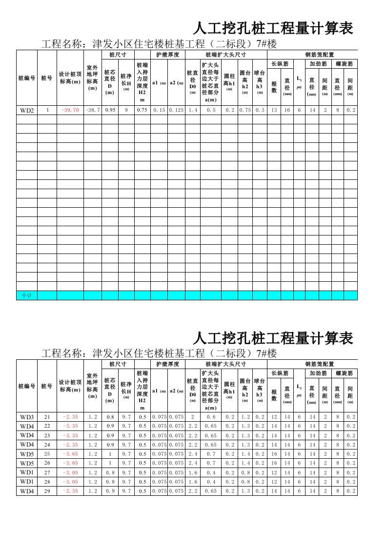 人工挖孔桩工程量计算表(含钢筋笼计算)