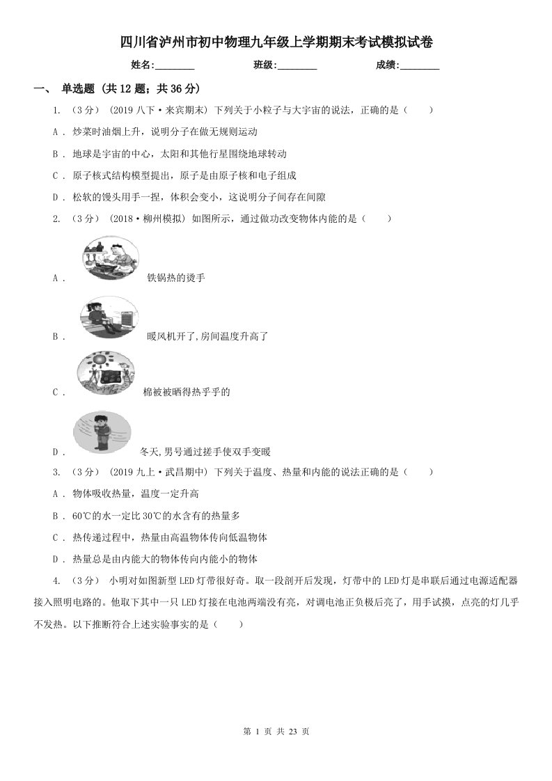 四川省泸州市初中物理九年级上学期期末考试模拟试卷