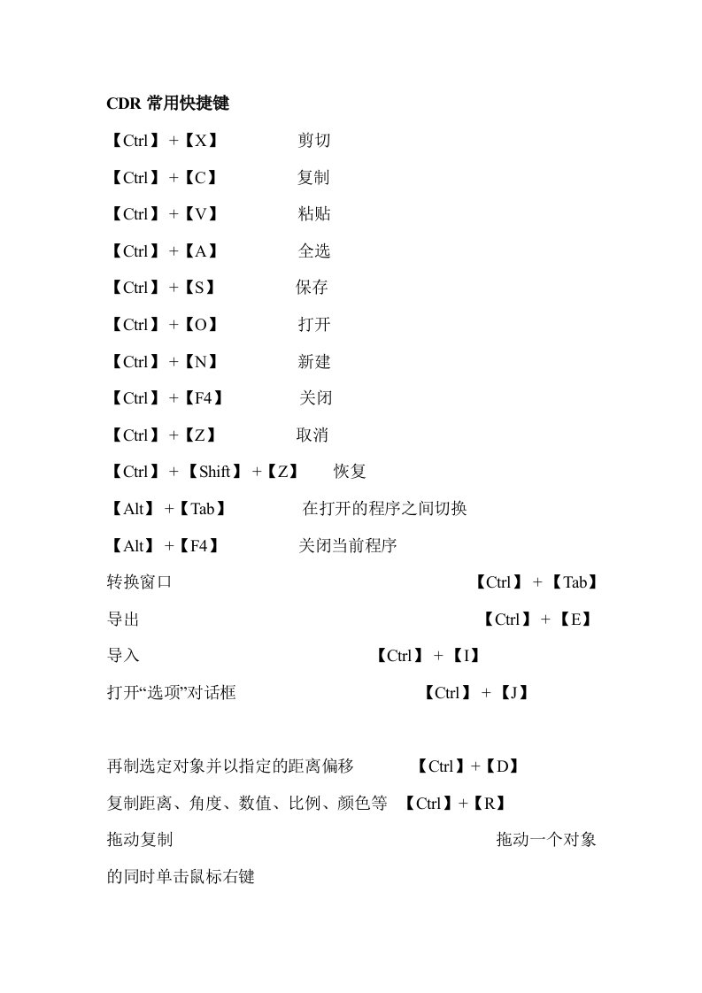 cdr常用快捷键、尺寸1