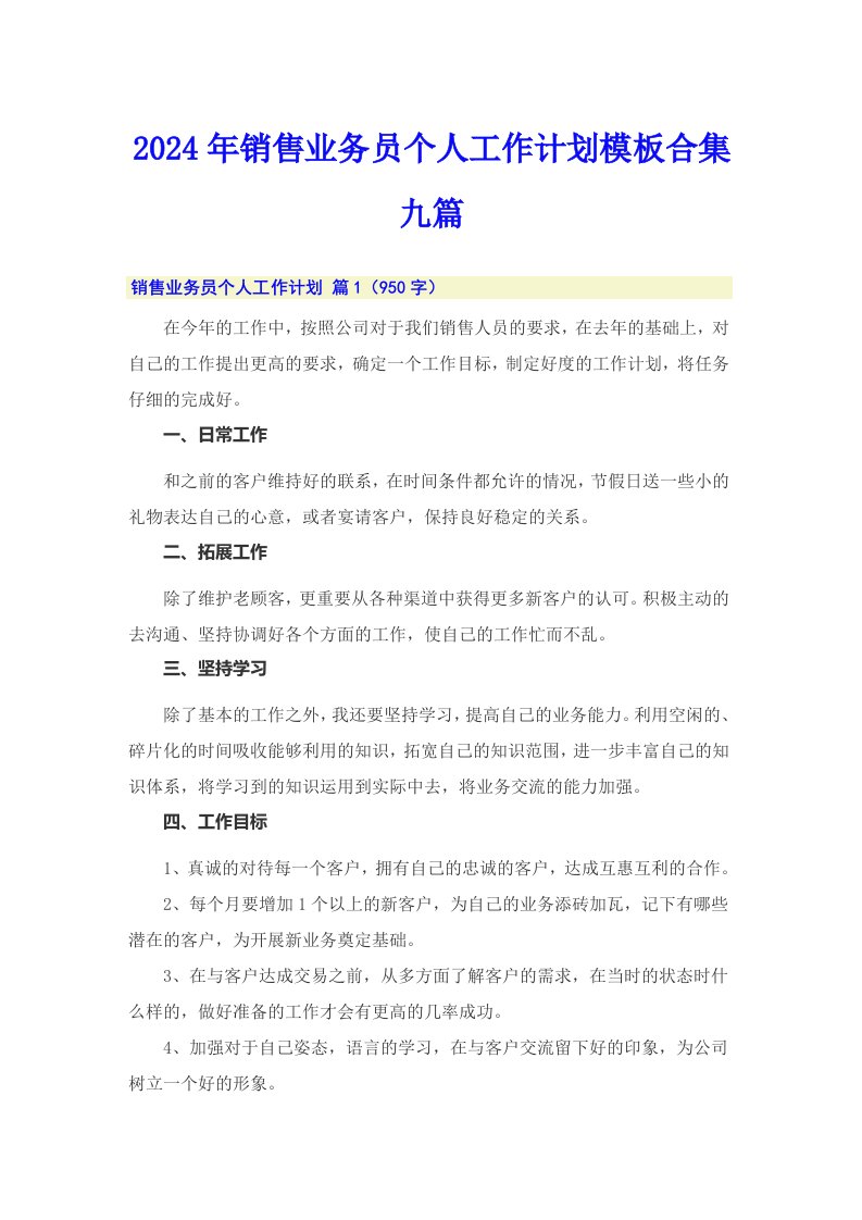 2024年销售业务员个人工作计划模板合集九篇