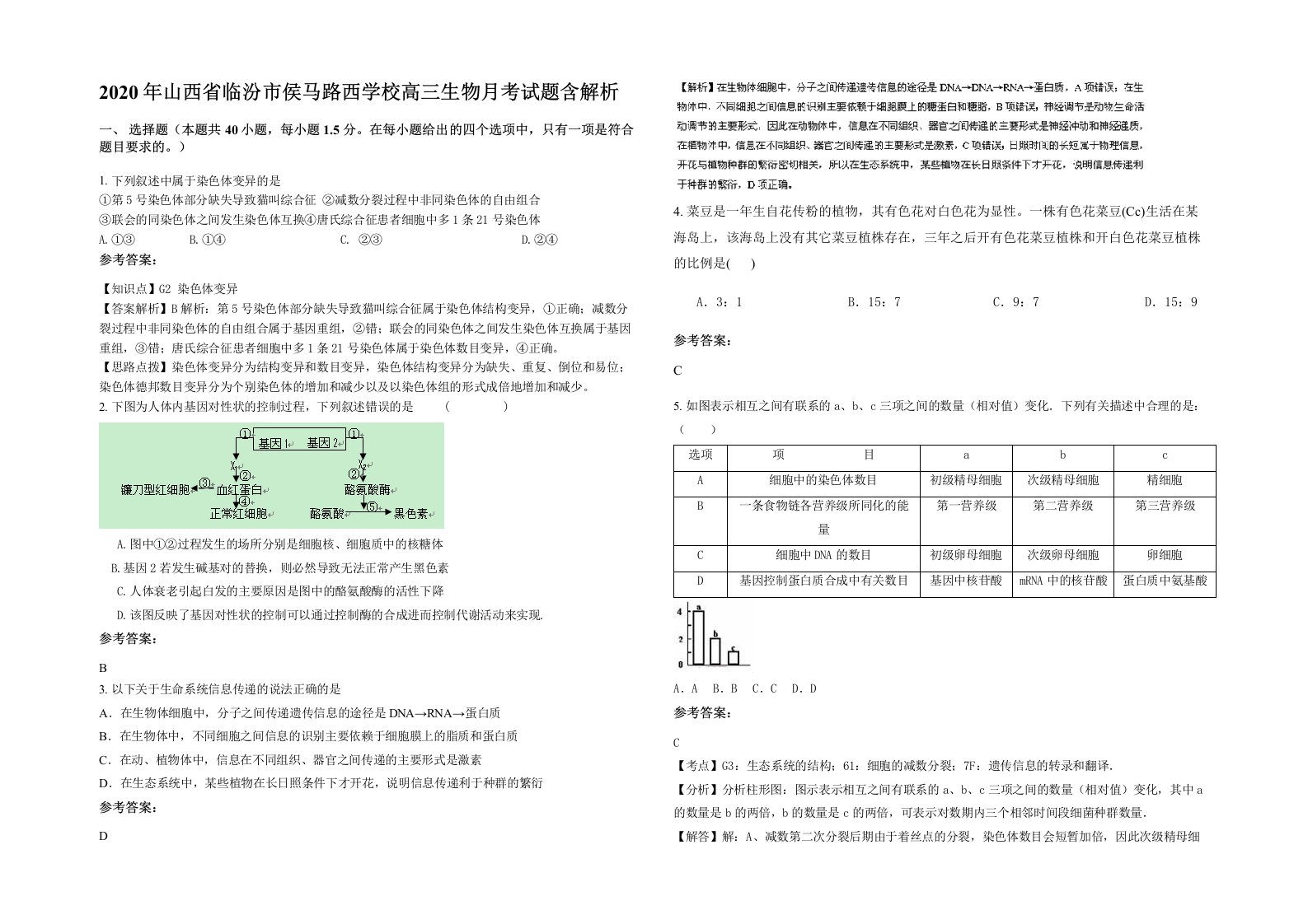 2020年山西省临汾市侯马路西学校高三生物月考试题含解析