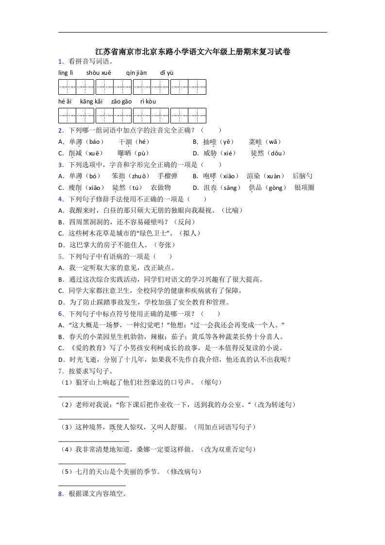 江苏省南京市北京东路小学语文六年级上册期末复习试卷