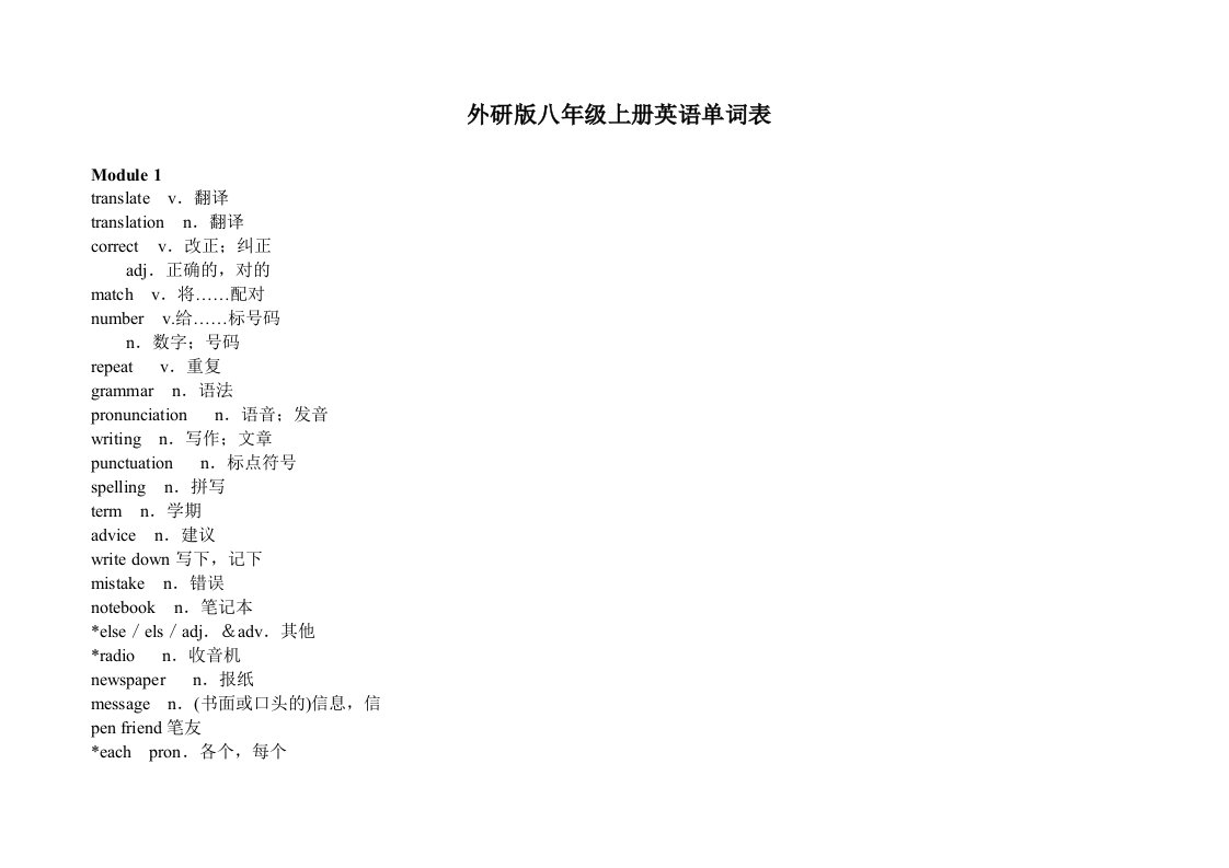 外研版八年级上册英语单词表打印版