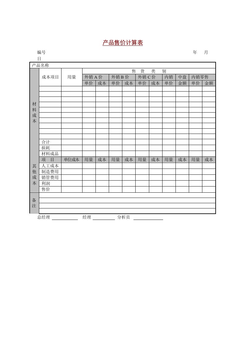 产品售价计算表单