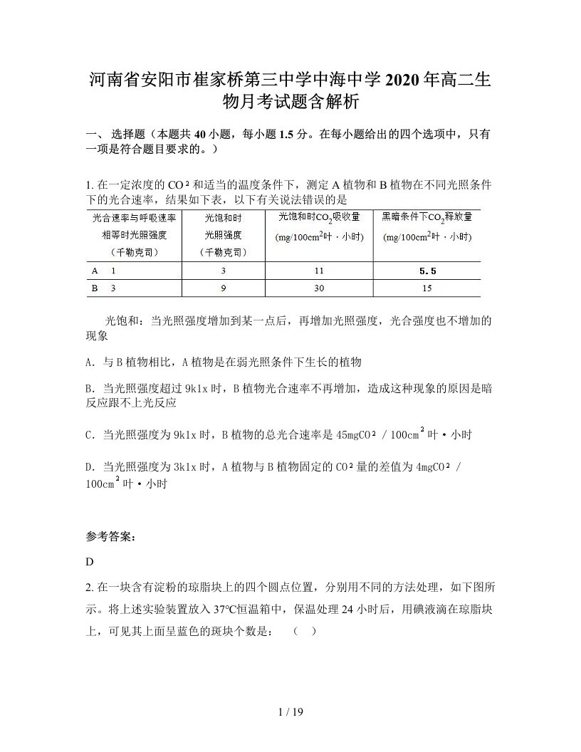 河南省安阳市崔家桥第三中学中海中学2020年高二生物月考试题含解析