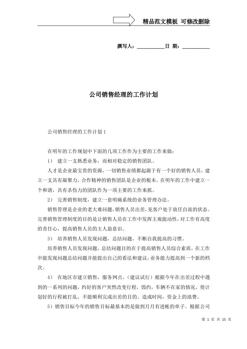 2022年公司销售经理的工作计划