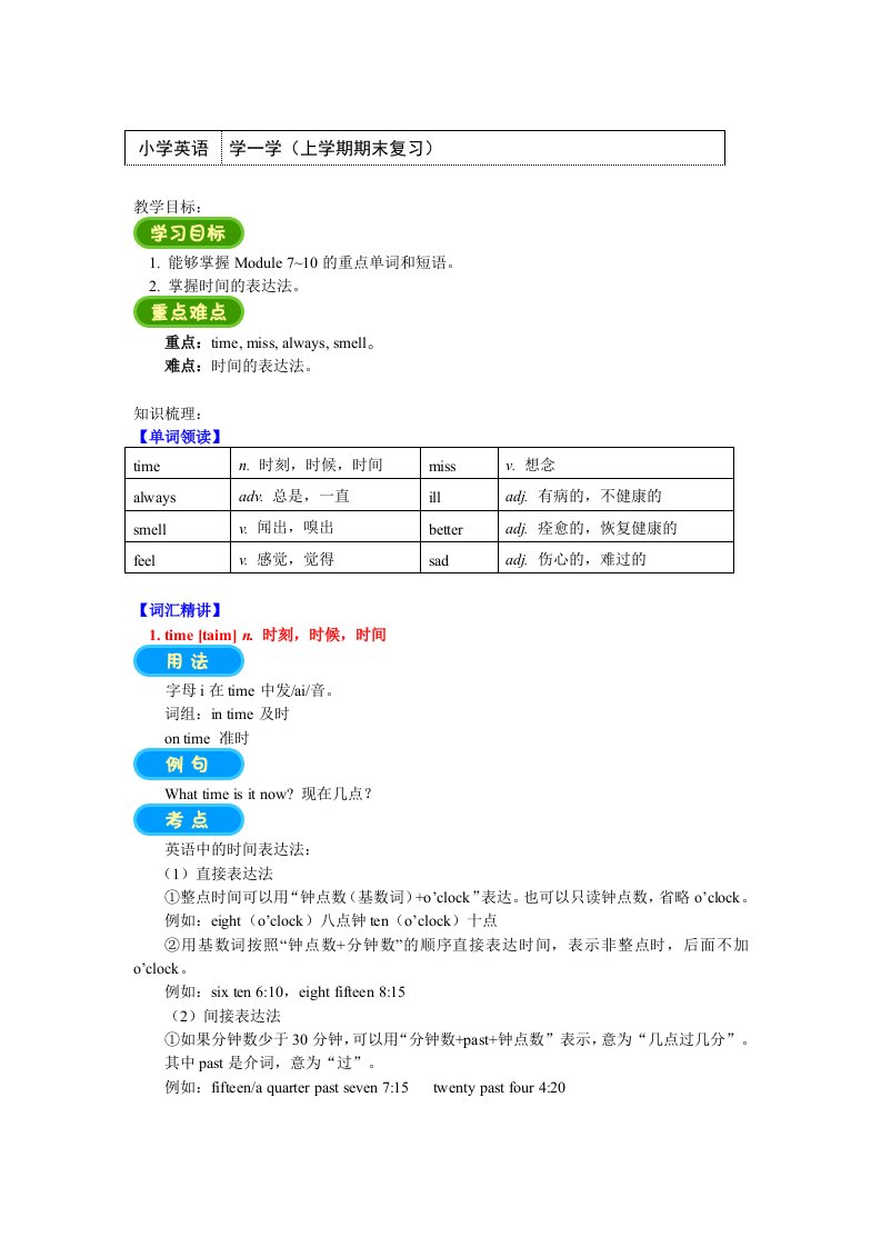 五年级英语上册知识讲义-学一学（期末复习）-外研版（三起）