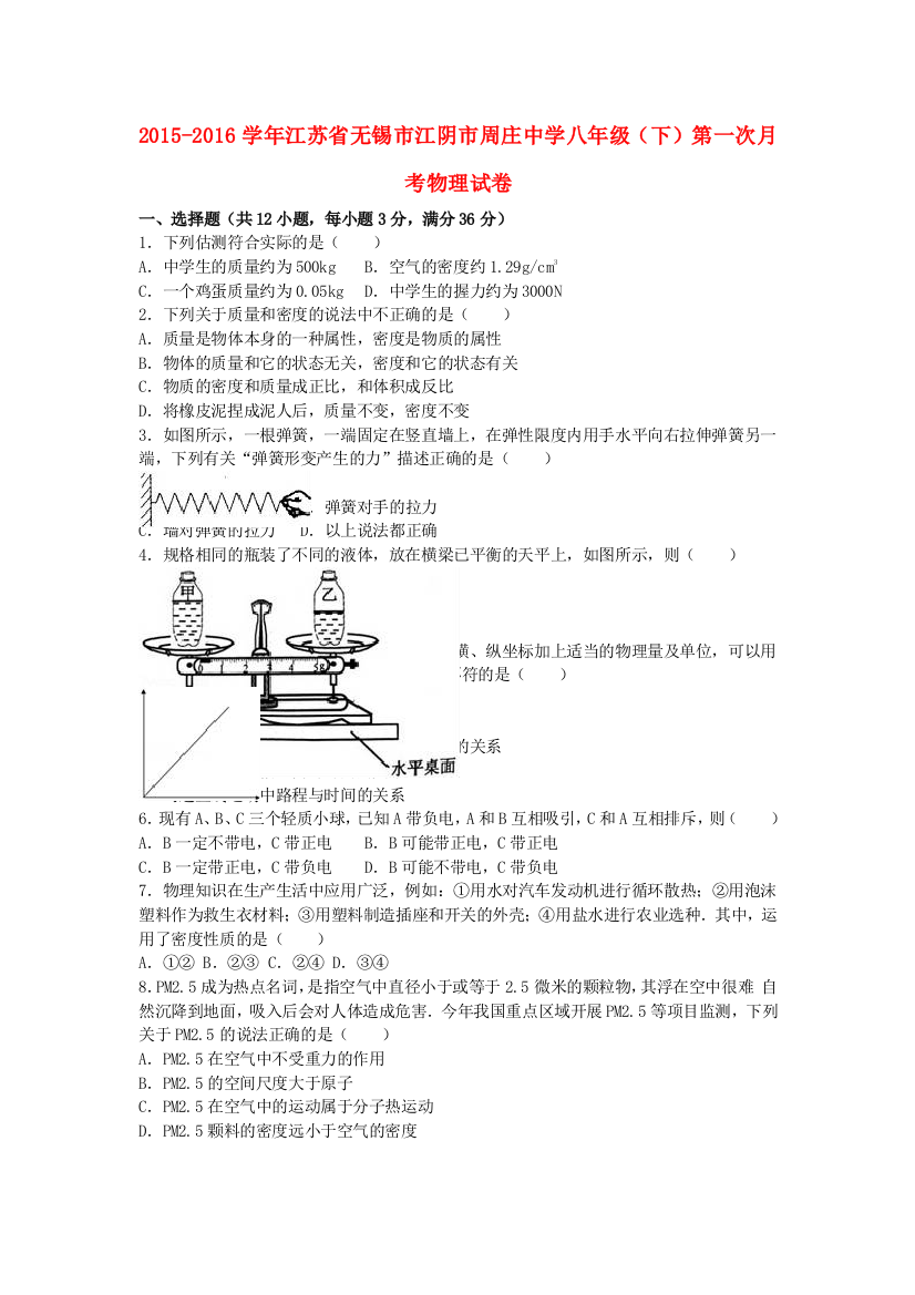 八年级物理下学期第一次月考试卷含解析-新人教版5