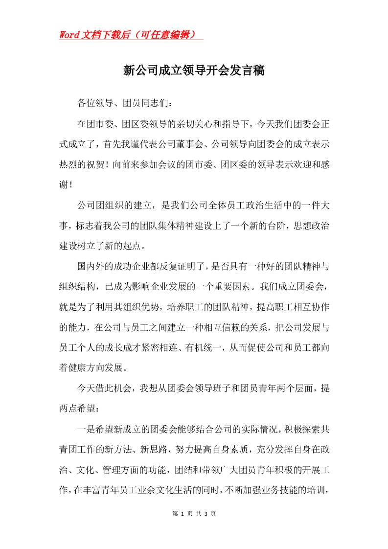 新公司成立领导开会发言稿