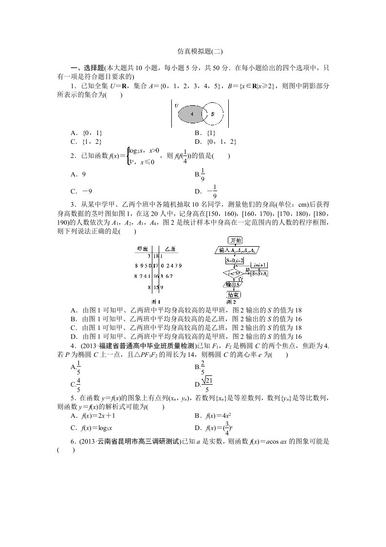 2014年高考数学（理）二轮专练：仿真模拟题（2）及答案解析