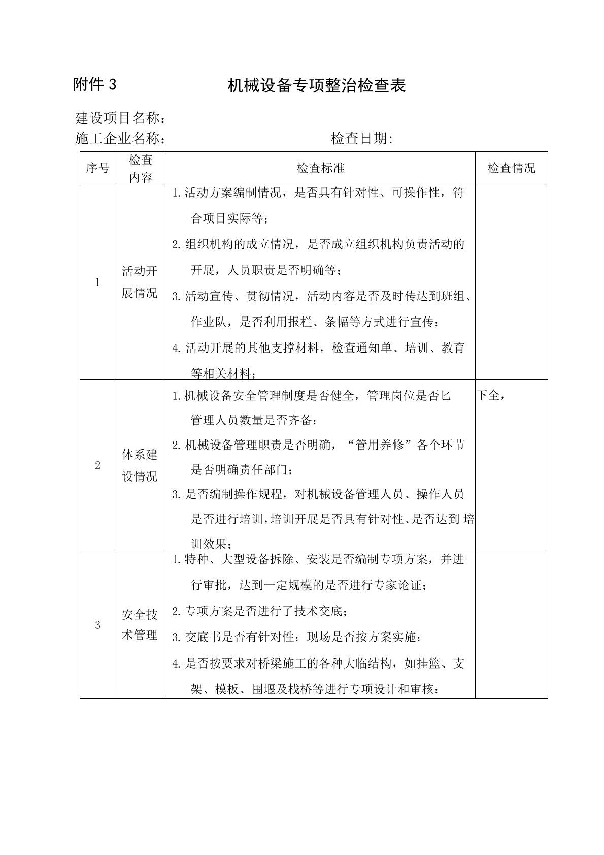 (完整版)机械设备专项整治检查表