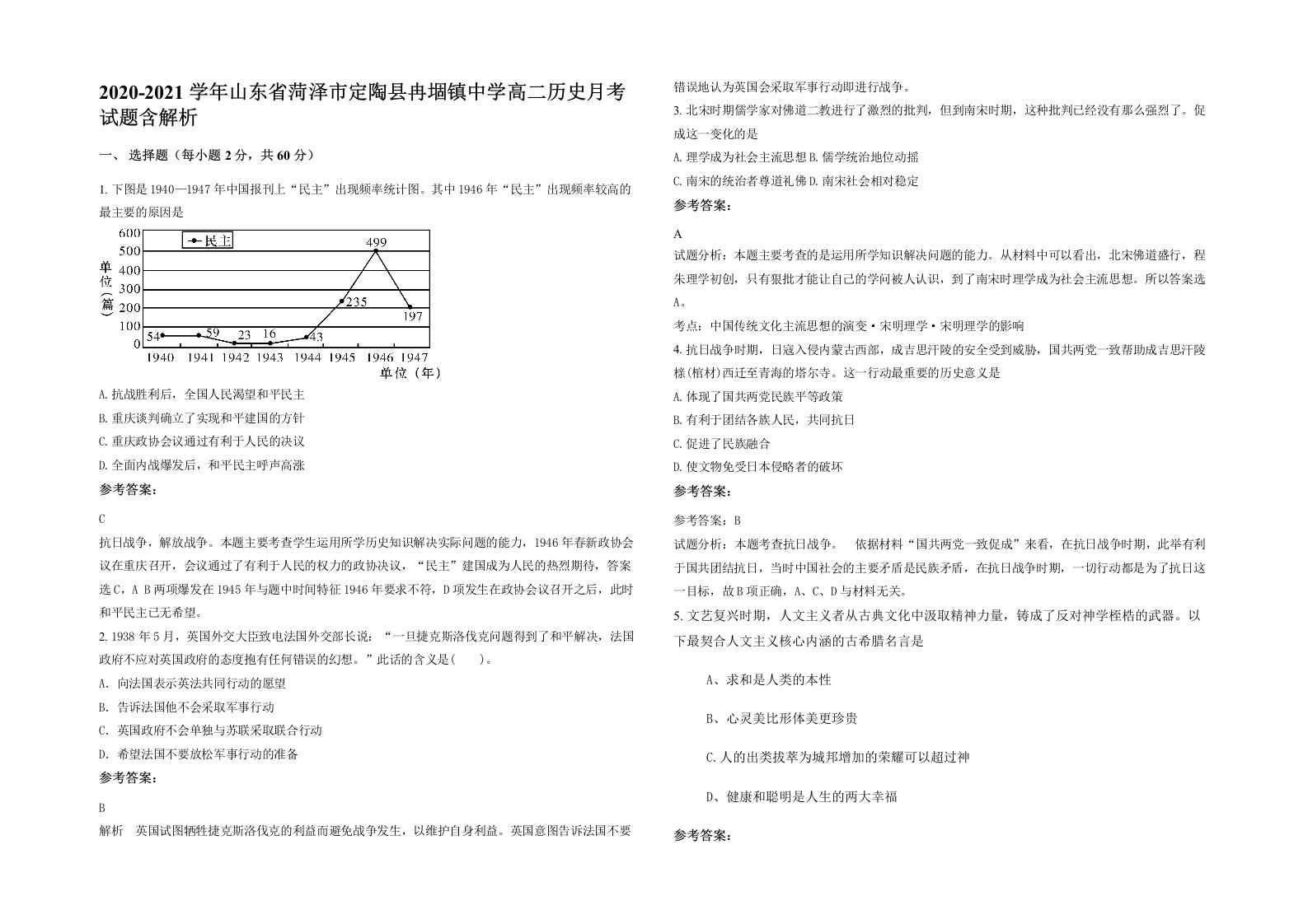 2020-2021学年山东省菏泽市定陶县冉堌镇中学高二历史月考试题含解析