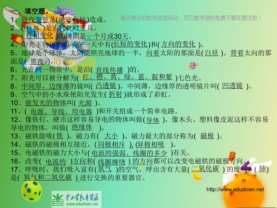 苏教版小学《科学》五年级下册总复习PPT课件