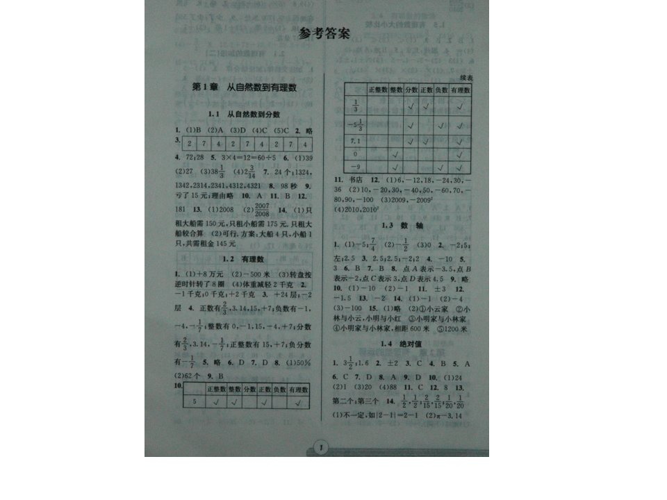 七年级上册数学同步课时特训答案1