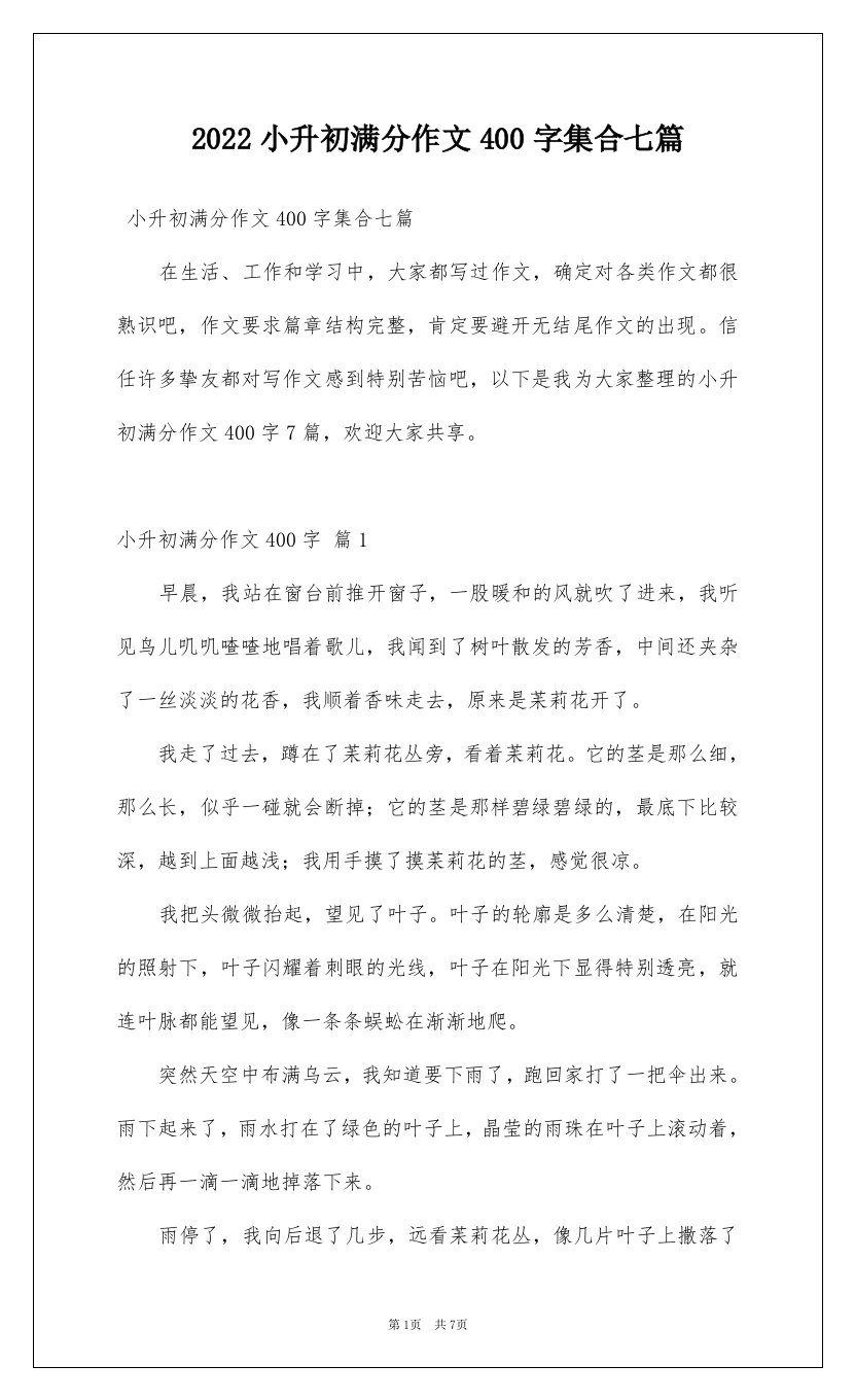 2022小升初满分作文400字集合七篇