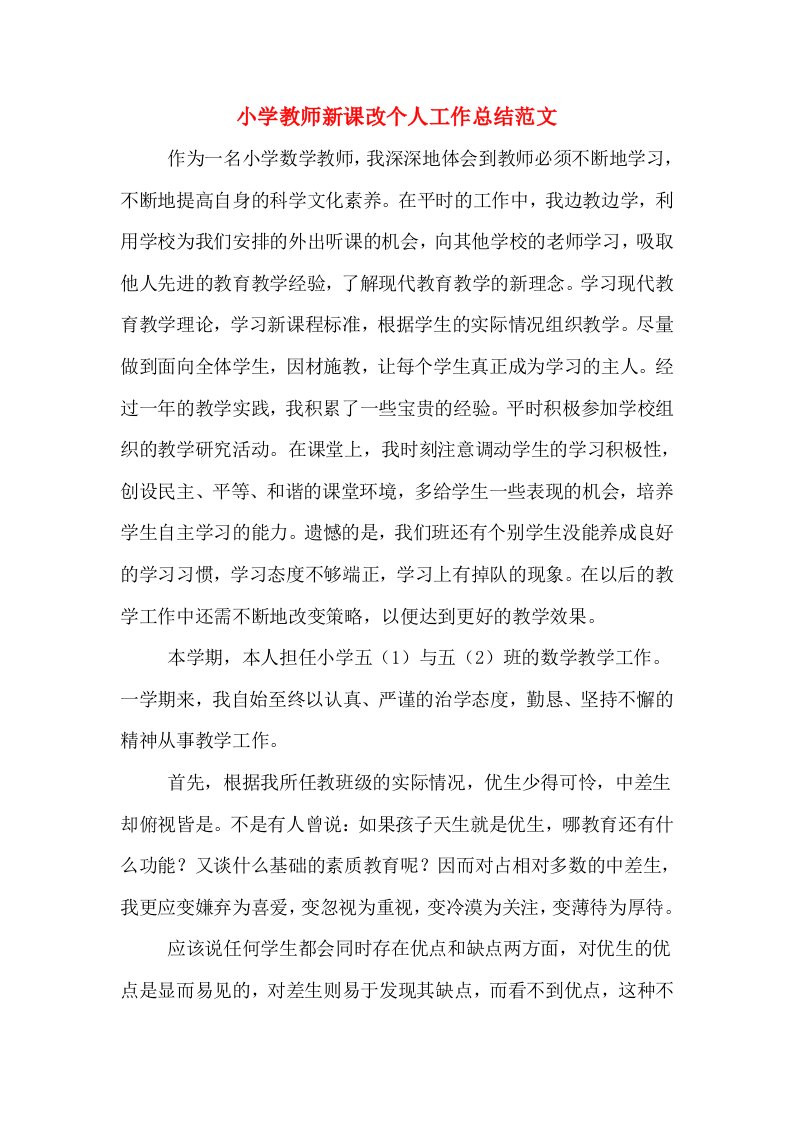 小学教师新课改个人工作总结范文