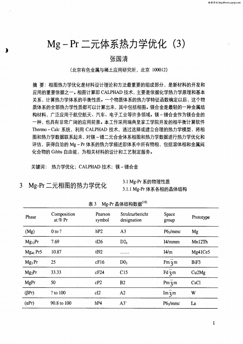 Mg-Pr二元体系热力学优化