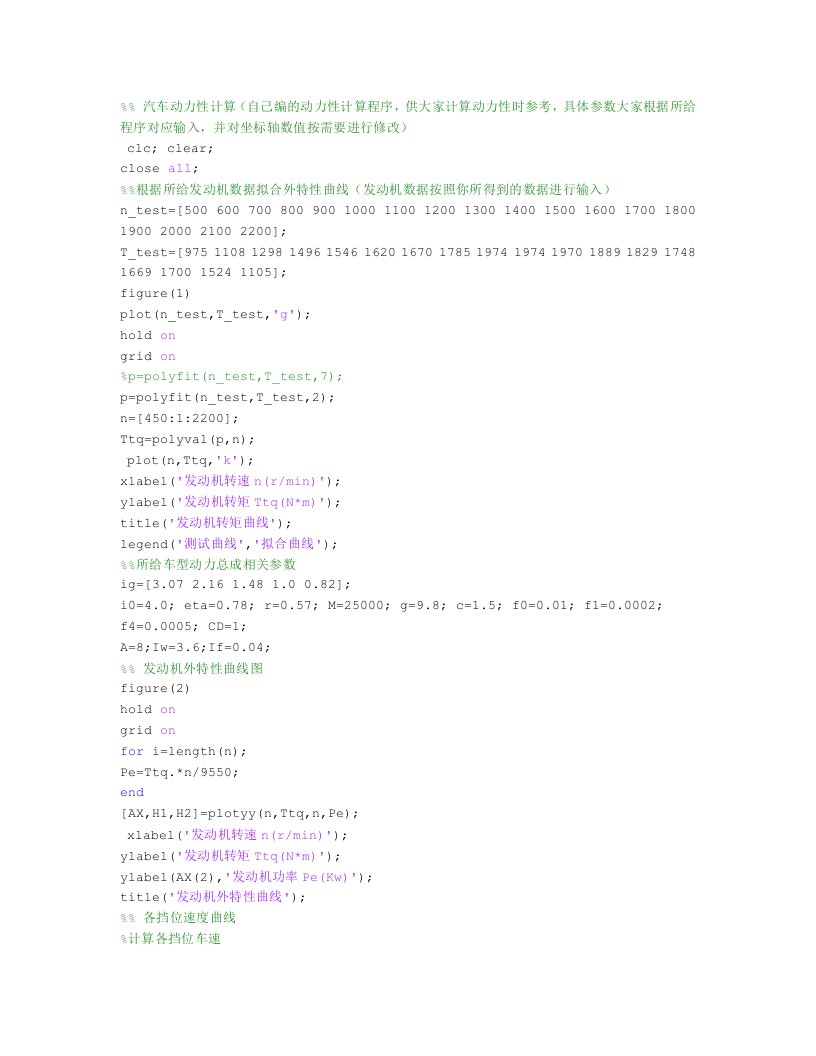 汽车动力性计算matlab程序
