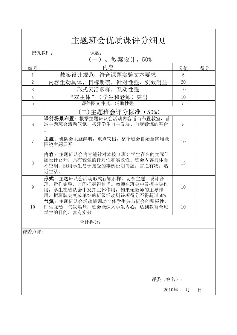 主题班会优质课评分细则