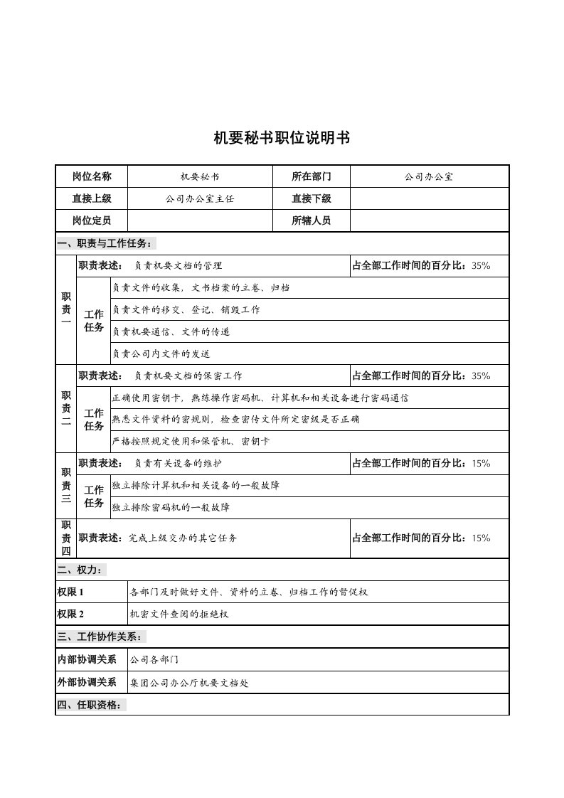 精选华北光学仪器公司办公室机要秘书职位说明书