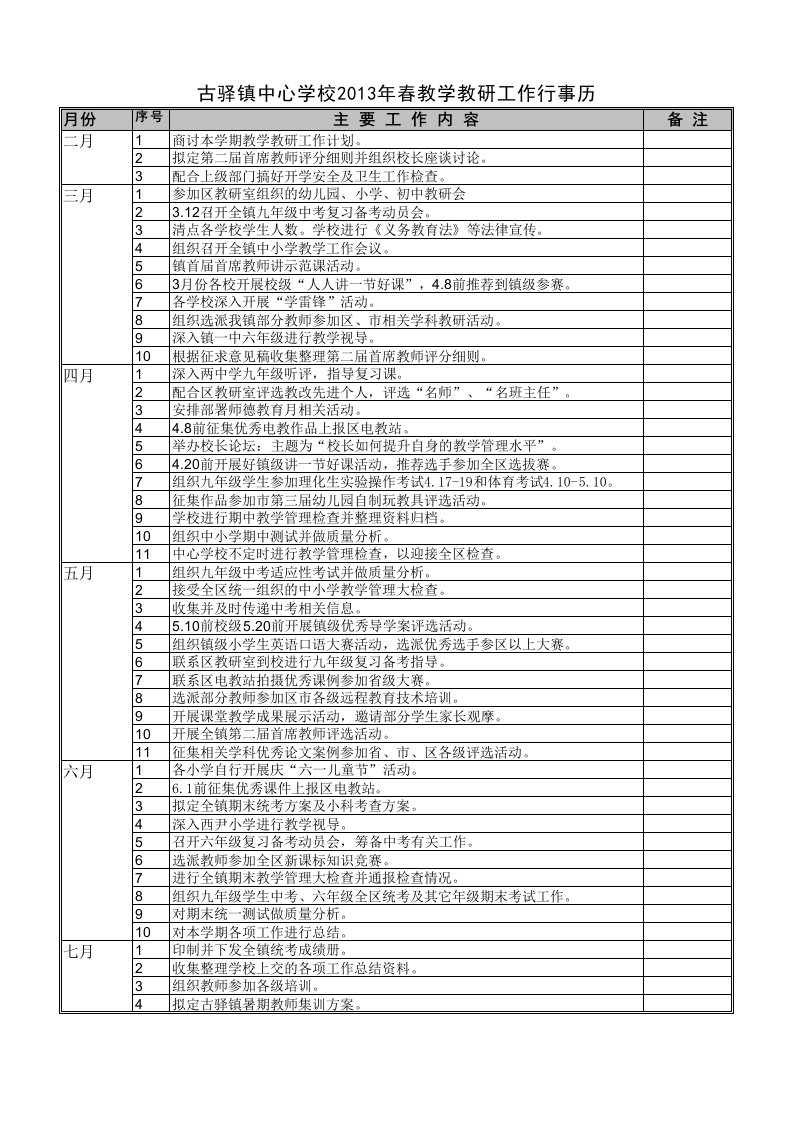 古驿镇中心学校2013年春季-秋季教学教研工作行事历