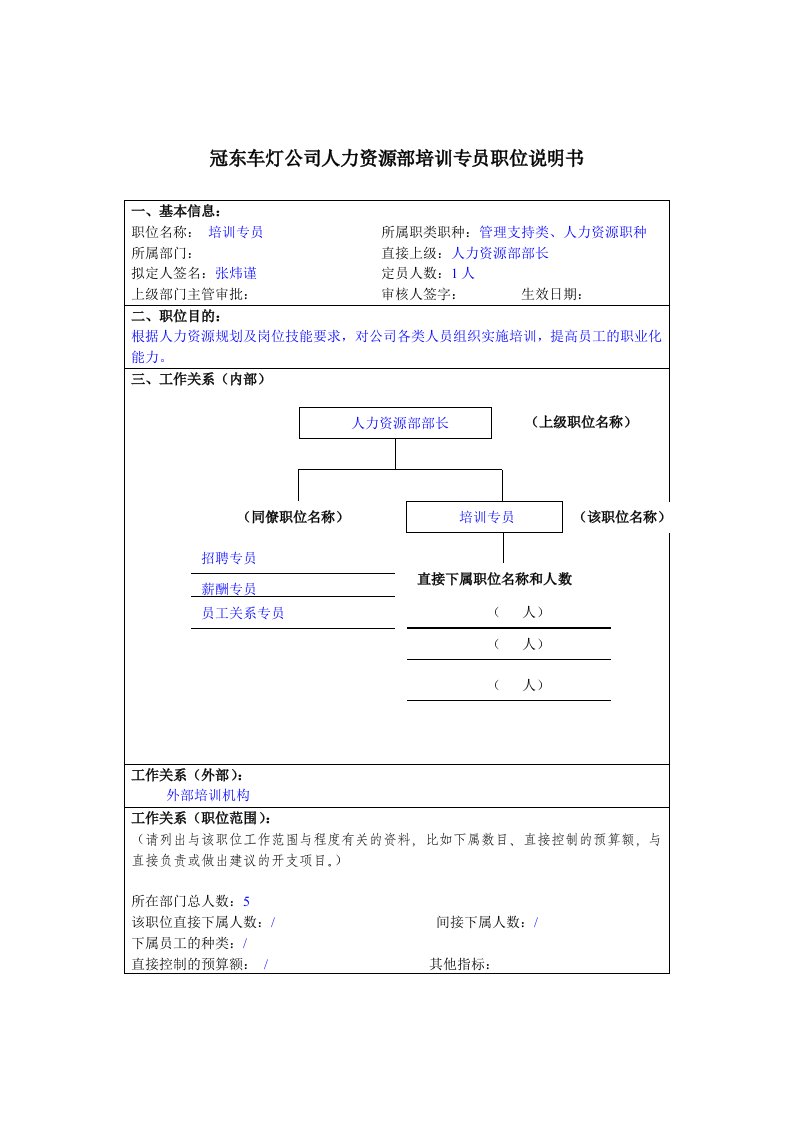 人力资源部培训专员岗位描述