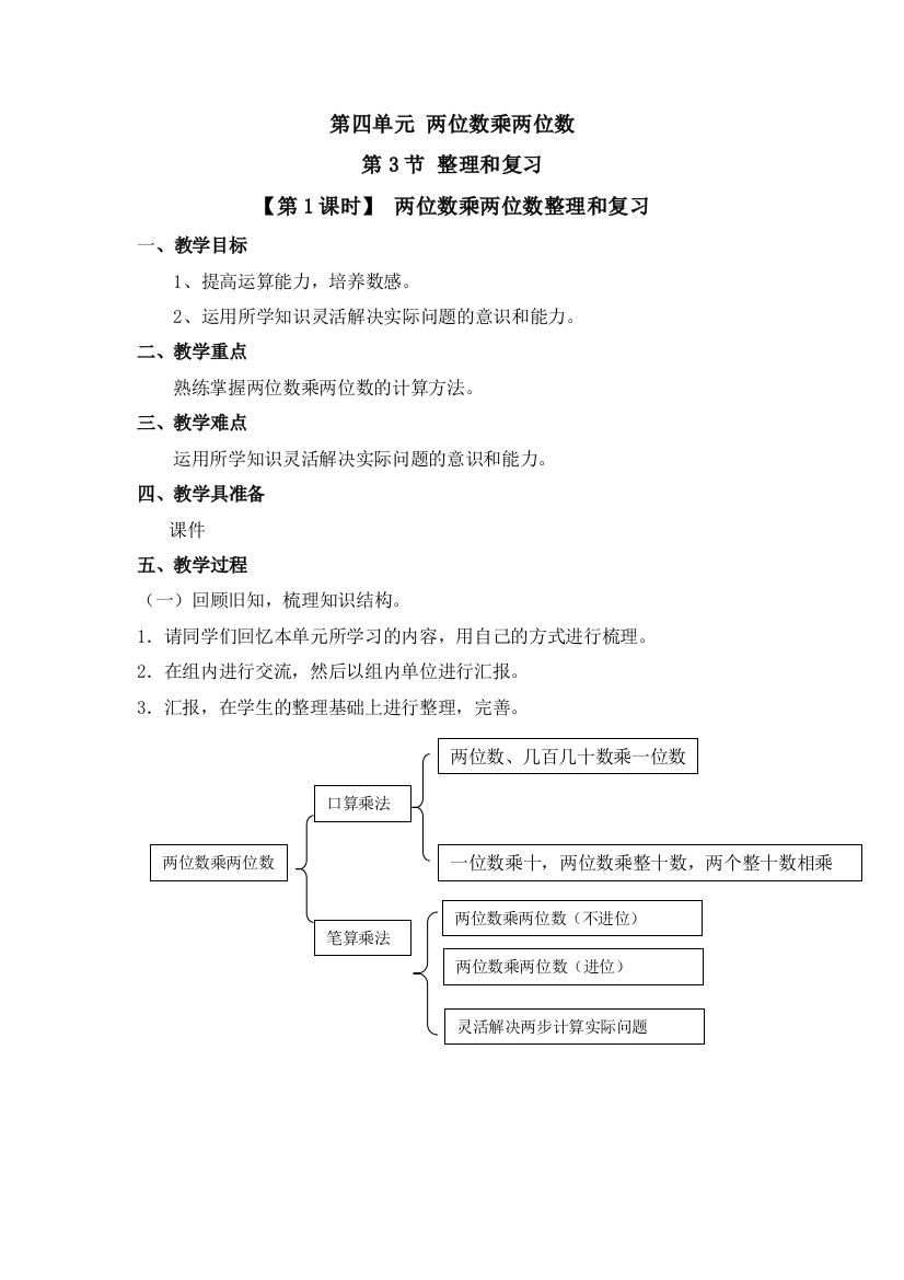 人教版数学三年级下册-04两位数乘两位数-03整理与复习-教案01