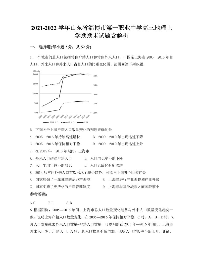 2021-2022学年山东省淄博市第一职业中学高三地理上学期期末试题含解析