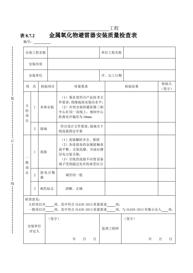 建筑资料-表872金属氧化物避雷器安装质量检查表