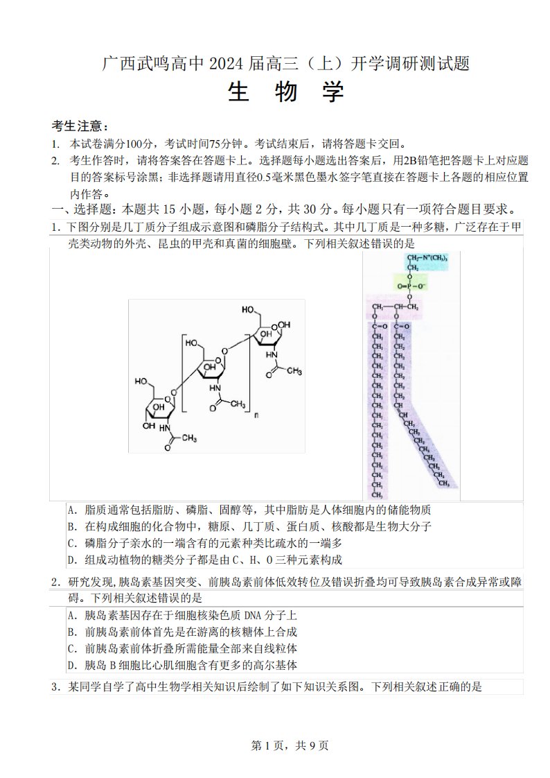 广西武鸣高中2024届高三(上)开学调研测试题(生物学)