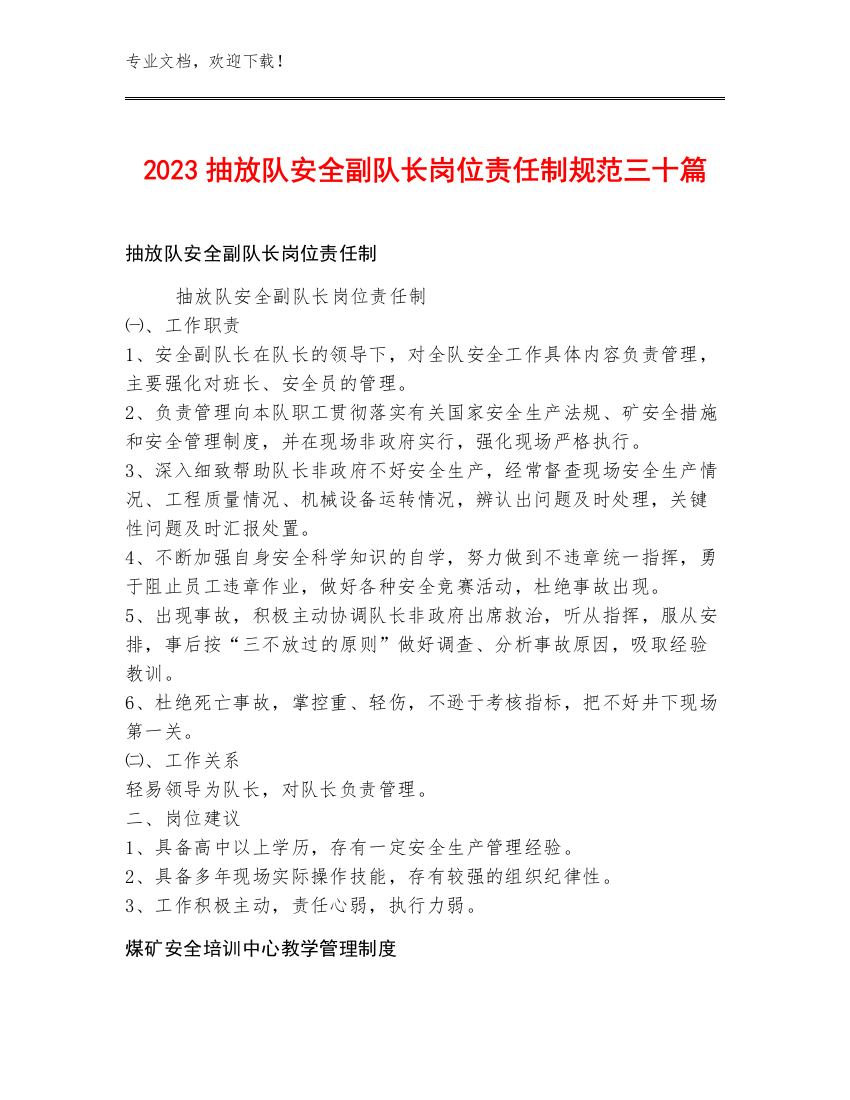 2023抽放队安全副队长岗位责任制规范三十篇