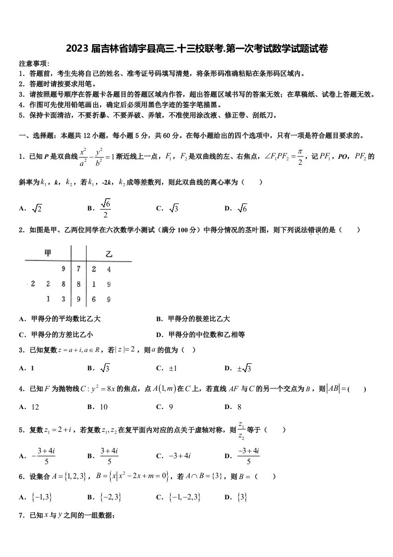 2023届吉林省靖宇县高三.十三校联考.第一次考试数学试题试卷含解析